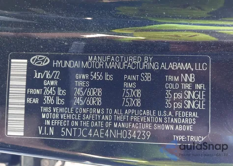 2022 Hyundai Santa Cruz Sel z USA, uszkodzony, nr VIN 5NTJC4AE4NH034239